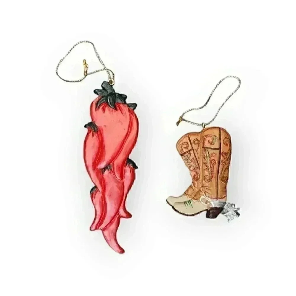 Kurt Adler Christmas Ornaments Southwestern Red Hot Chili Peppers & Cowboy Boots